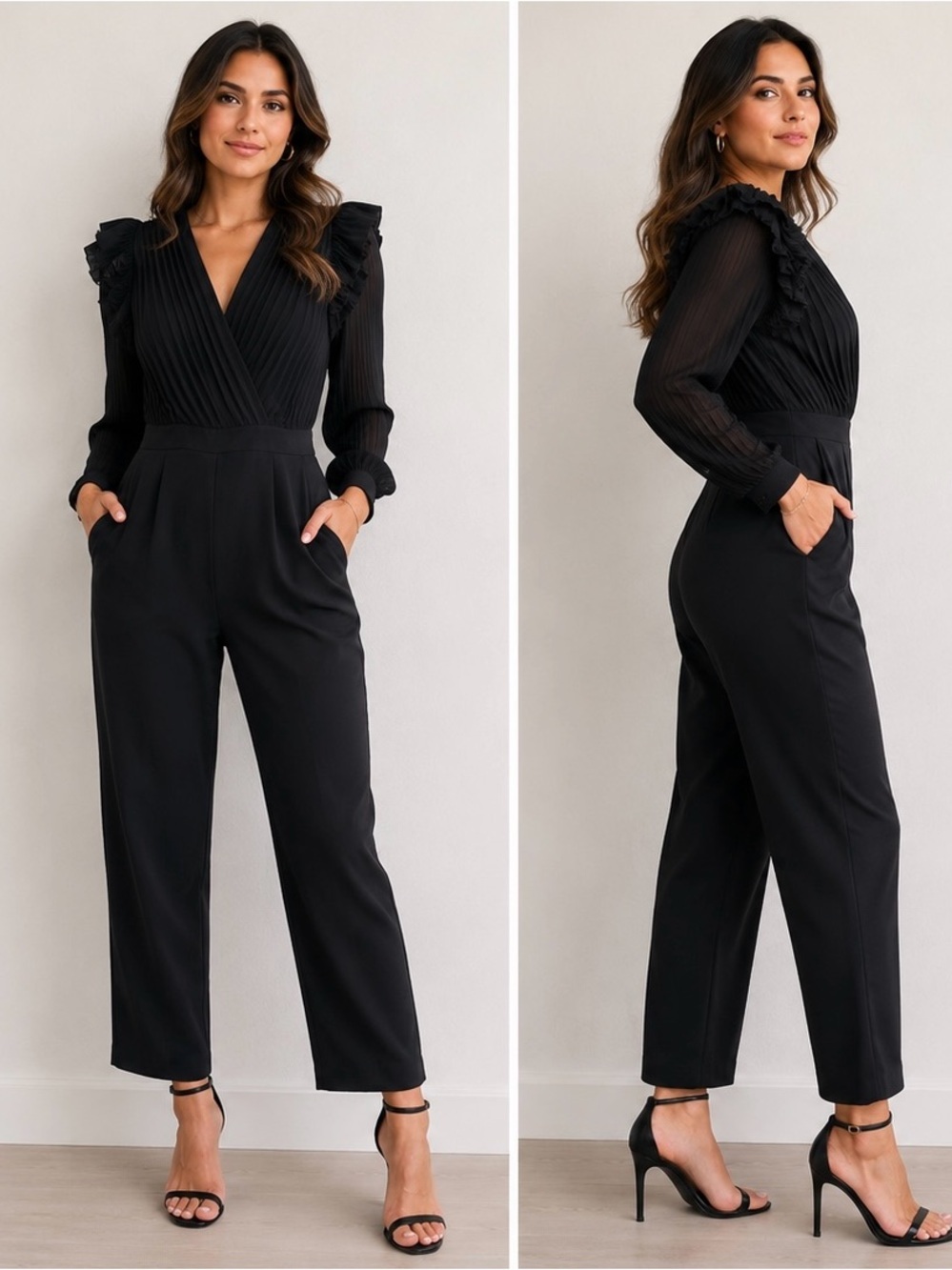 Express Black Pleated Ruffled Long-Sleeve Jumpsuit